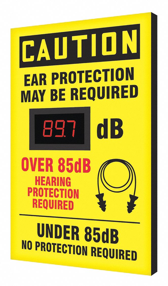 EAR PROTECTION REQUIRED CAUTION SIGN, DECIBEL METER, WALL-MOUNT, YELLOW, 12X20IN, ALUMINUM