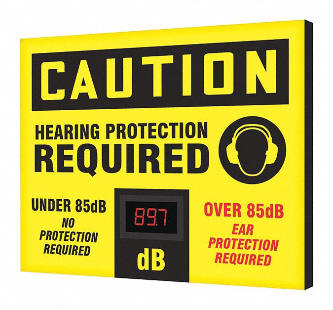 PANNEAU AVERT. PROTECTION AUDITIVE REQUISE, DÉCIBELMÈTRE, MONTAGE MURAL, JAUNE, 26X20PO, ALUMINIUM