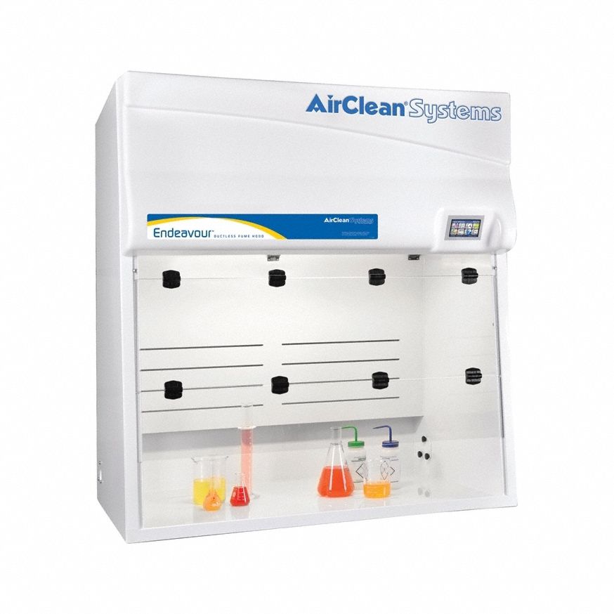 AIRCLEAN SYSTEMS Ductless Fume Hood: Endeavour, 48 in Overall Wd, 54 in Overall Ht, 30 in Overall Dp (MPN ACPT4000). Key specifications — Assembly: Fully Assembled; Brand: AIRCLEAN SYSTEMS; Base/Stand Included: Yes; Blower Included: Yes; Work Surface Included: Yes.