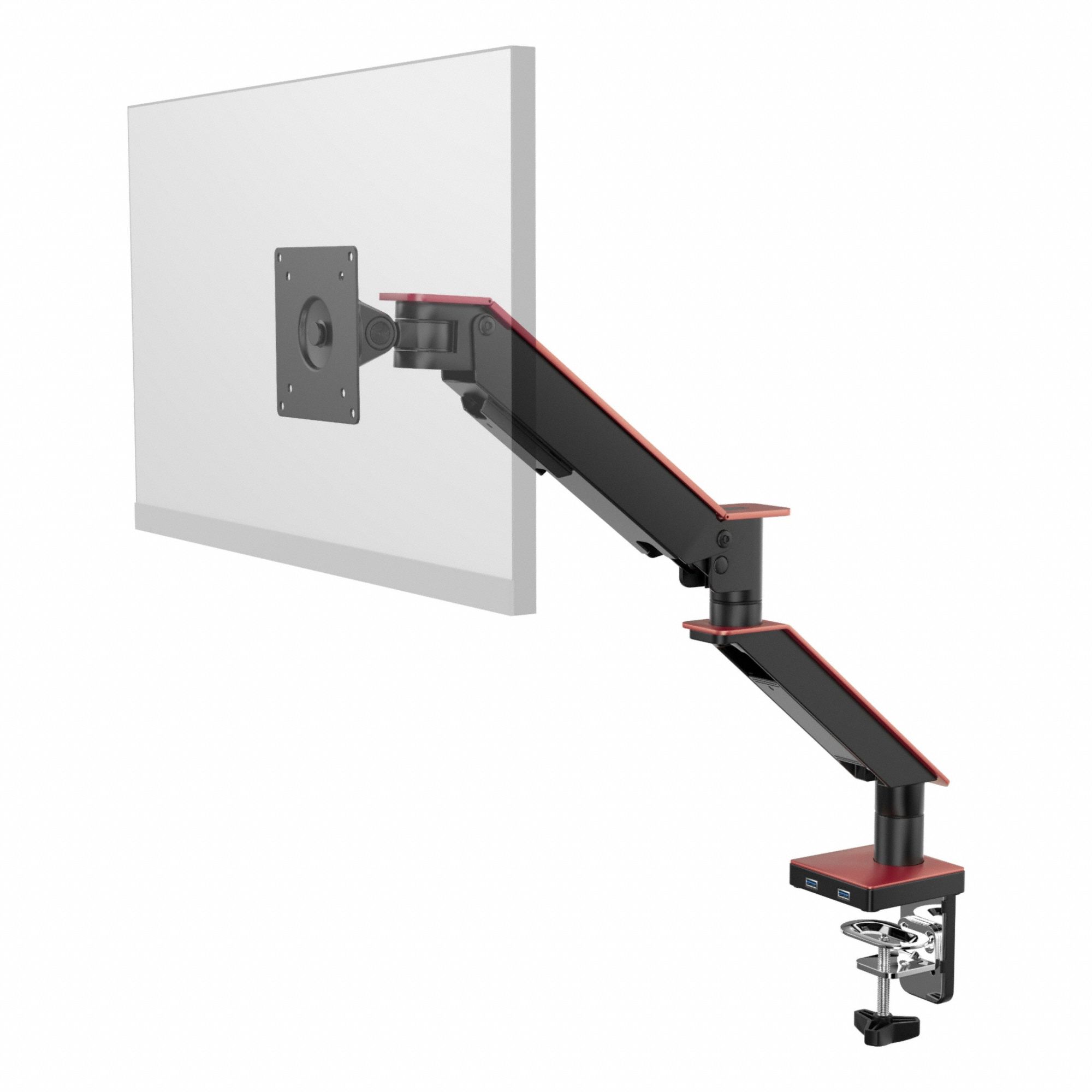 Monitor Arm: Black/Gold/Red, Steel, Clamp/Grommet Mount, 24 lb Wt Capacity