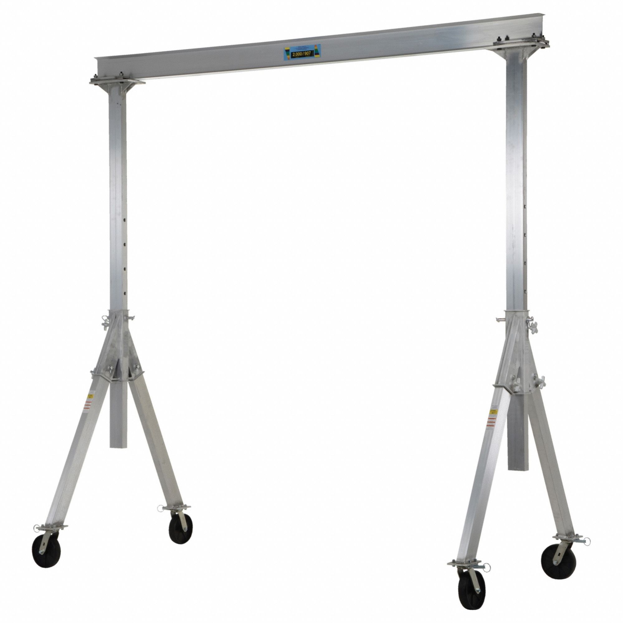 ADJUSTABLE GANTRY CRANE, FIXED SPAN, ADJUSTABLE H, 2,000 LB LOAD CAPACITY, ALUMINUM, 6 FT TO 8.7 FT