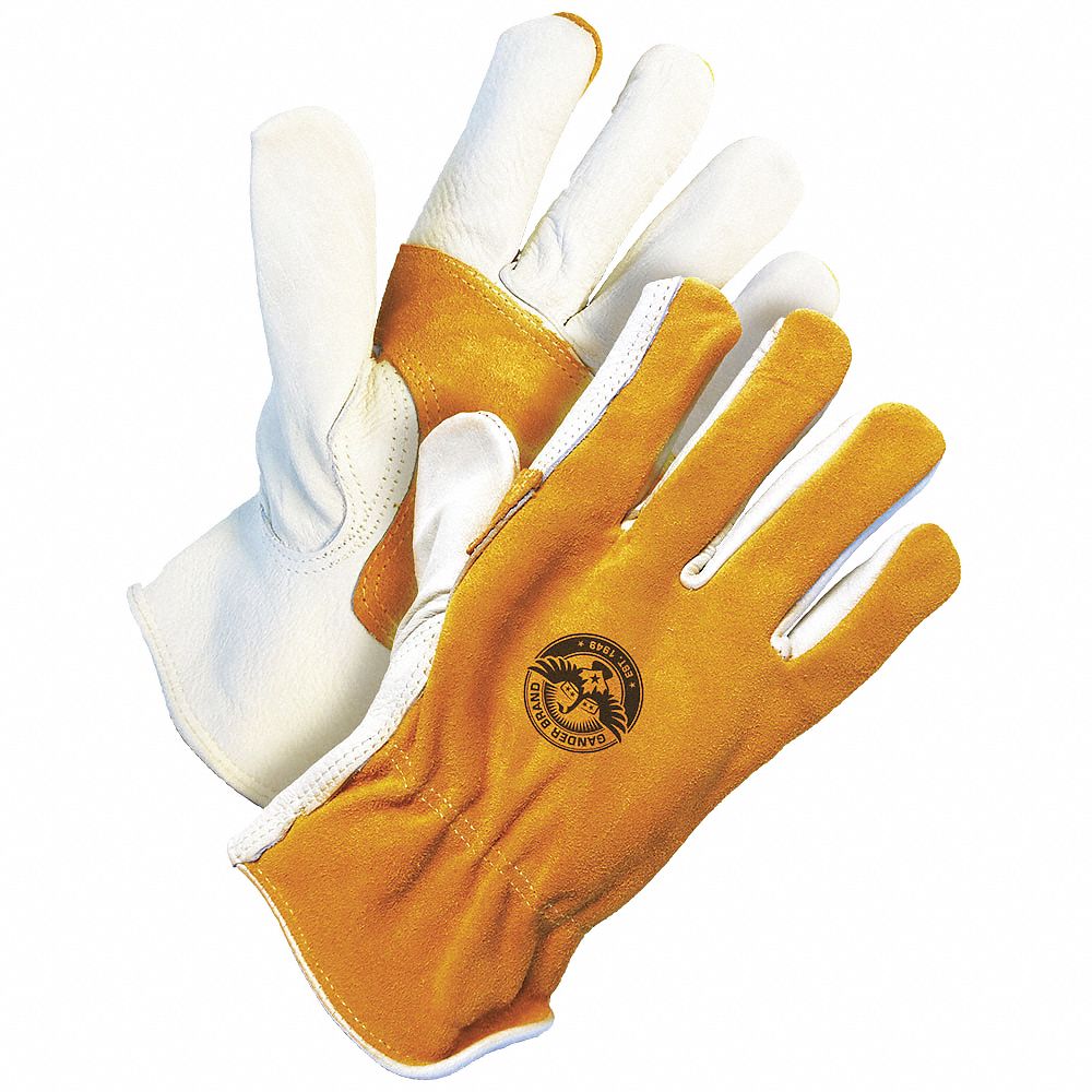 WELDING GLOVES, W BACK PATCH, DOUBLE PALM, MIG/TIG, SIZE XXL/11, BEIGE, COWHIDE, COTTON, PAIR