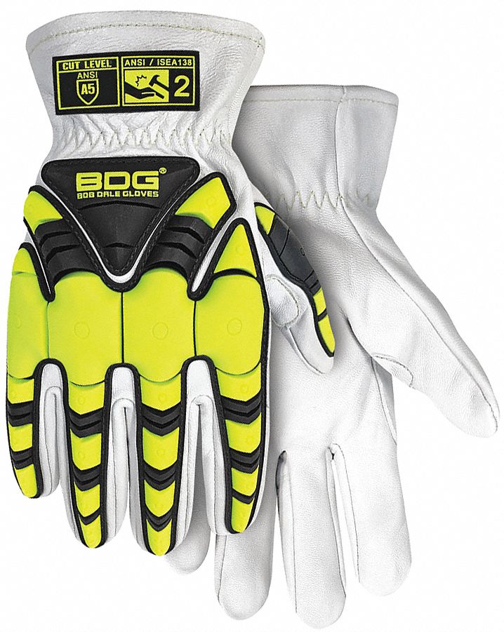 DRIVER GLOVE, HIGH VIS, KEYSTONE THUMB, SIZE MEDIUM/8, GOATSKIN/TPR/ARAMID, PR