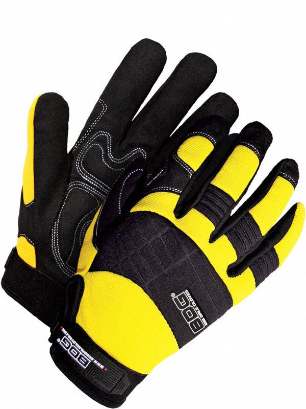 MECHANIC GLOVES, WINGED, FULL FINGER, REINFORCED, SZ M, BLACK/YELLOW, SPANDEX/SYNTHETIC LEATHER PALM