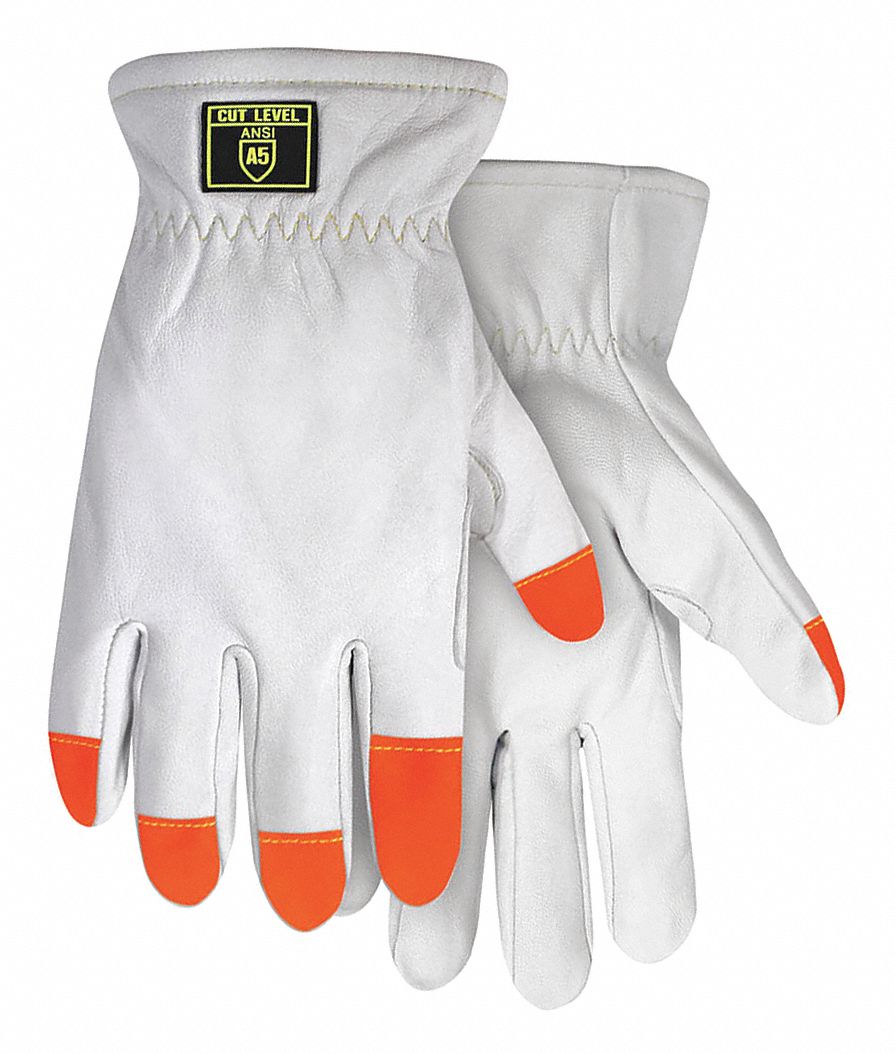 CUT-RESISTANT GLOVES,ANSI CUT LVL A5/PUNCTURE LVL 3,LG/9,11 IN L,WHITE/HI-VIZ ORANGE,GOATSKIN,PR
