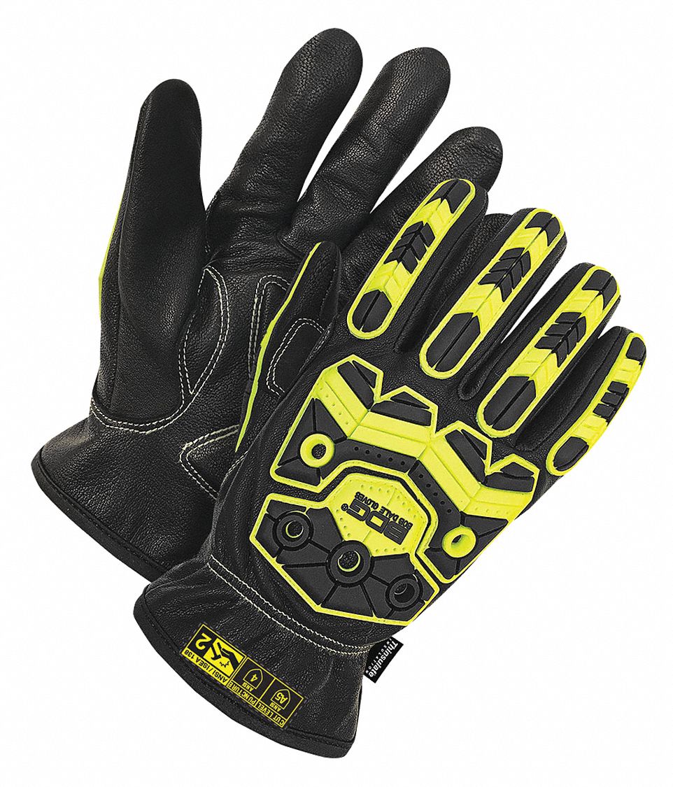 WINTER GLOVES, HI-VIS/OIL RESISTANT/KEYSTONE THUMB, SIZE X-SMALL/6, BLACK/GREEN, TPR/GOATSKIN