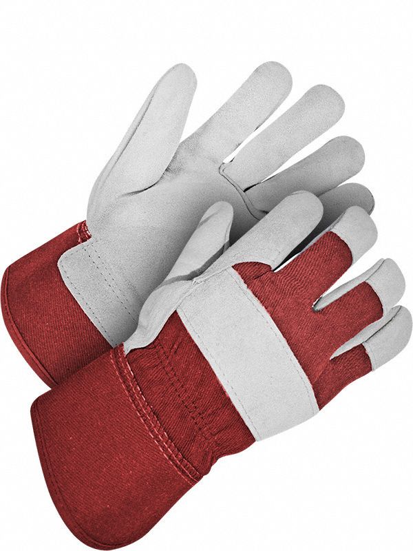 FITTER GLOVES, SPLIT COWHIDE, RUBBERIZED SAFETY/INSIDE ELASTIC CUFF, L, RED/PEARL