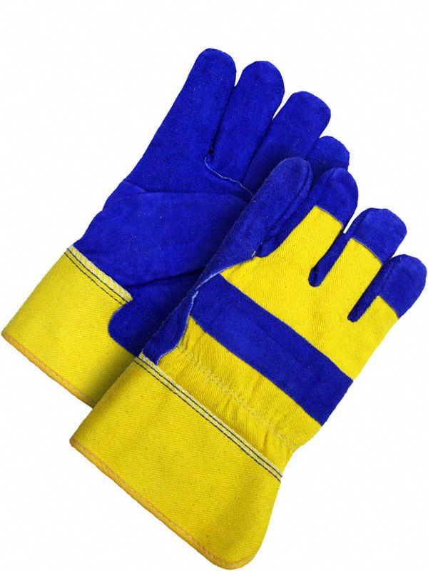 COLD PROTECTION GLOVES, WING THUMB/GUNN CUT, 10 1/2 IN L, BLUE/YELLOW, COWHIDE/LEATHER/COTTON