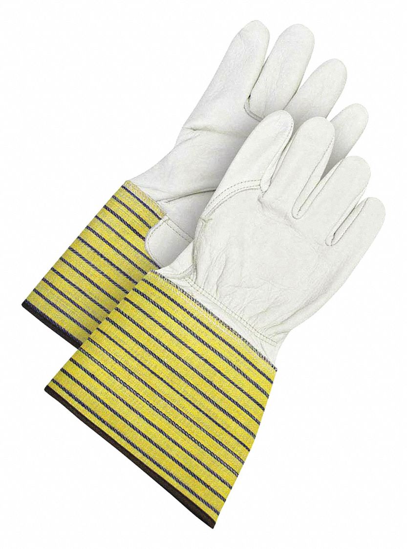 LEATHER GLOVE, GAUNTLET CUFF, SIZE L/9, YELLOW/GREY, PAIR