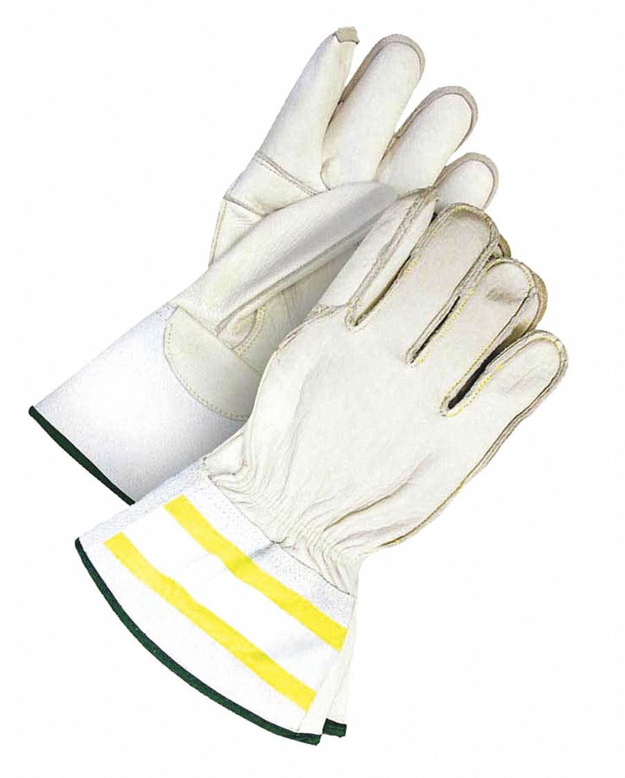 WORK GLOVE, HI VISIBILITY, WING THUMB, SIZE L/9, WHITE, LEATHER/KEVLAR, PAIR