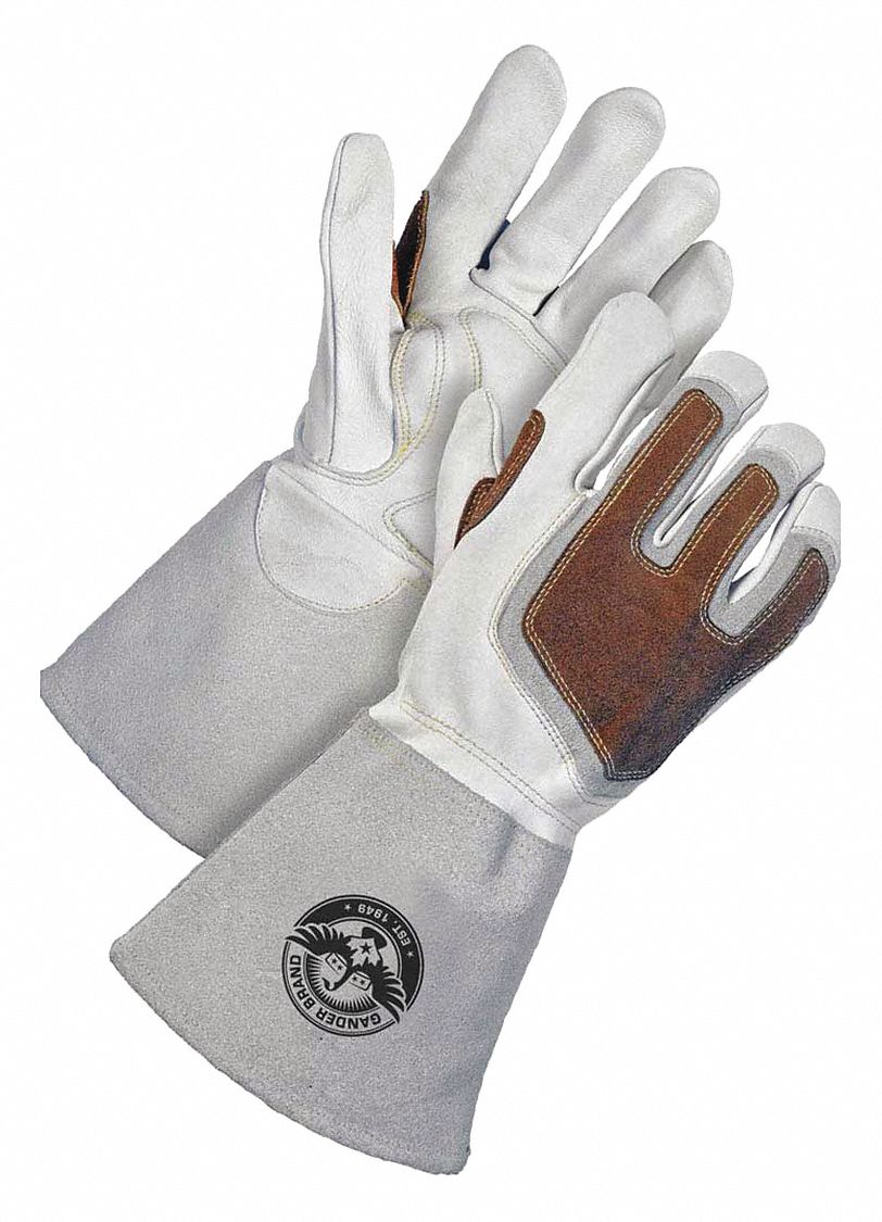 WELDING GLOVES, WING THUMB, GAUNTLET CUFF, GREY GOATSKIN, 2XL, TIG, COTTON