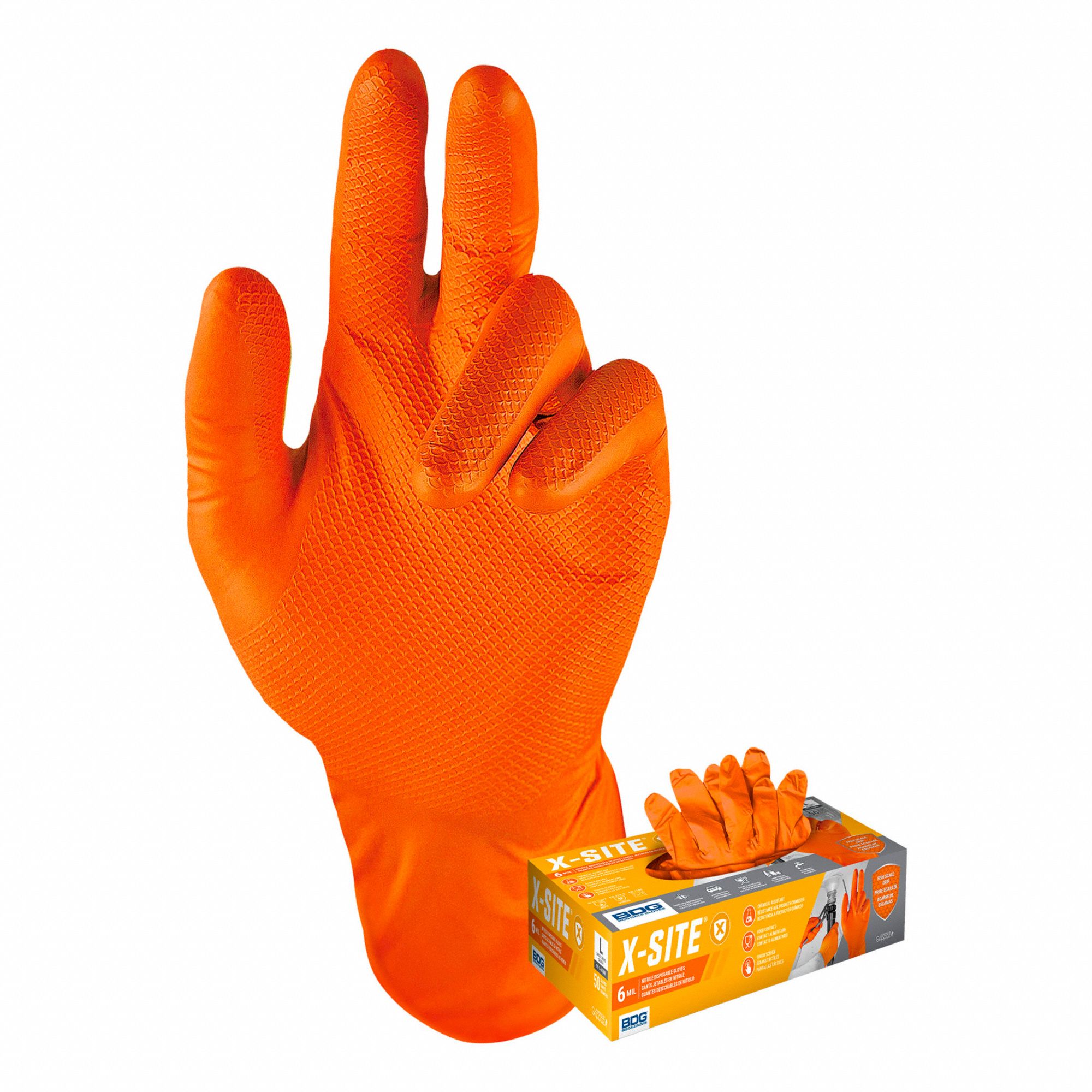 GANTS JETABLES, 9 1/2PO L/ÉPAISSEUR 6 MIL, TAILLE 7/P, ORANGE, NITRILE, BT50