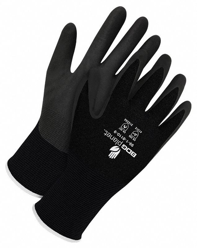 NBR COATED GLOVES, S, BLACK, 9¾ IN, 15 GA, ELASTIC KNIT WRIST W/HEMMED CUFF