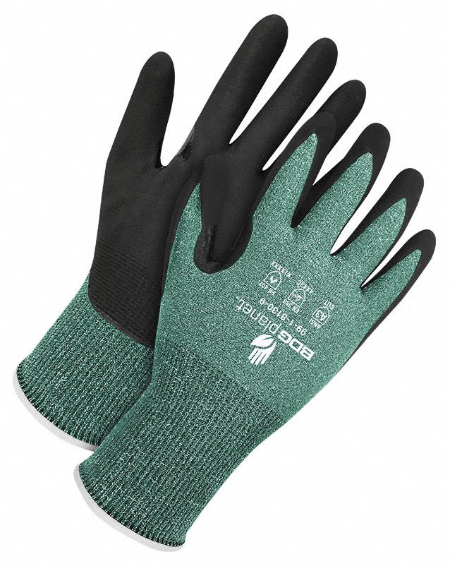 NBR COATED GLOVES, XXL, BLACK, 9¾ IN, GREEN, ELASTIC KNIT WRIST W/HEMMED CUFF