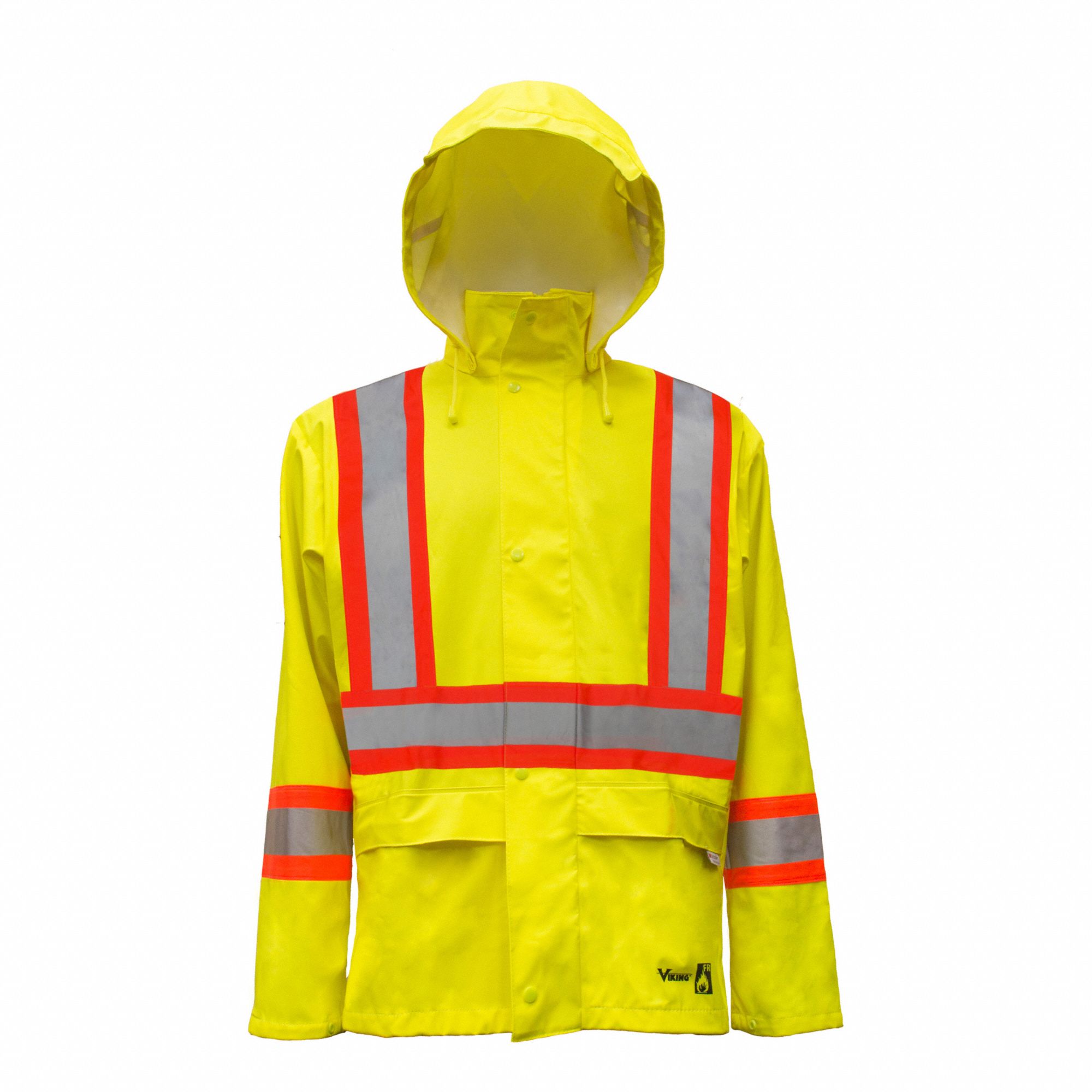 MEN'S FR RAIN COAT, CSA, HI-VIS, DETACH HOOD, SZ 3XL/CHEST 55 IN, GREEN, POLY/PU