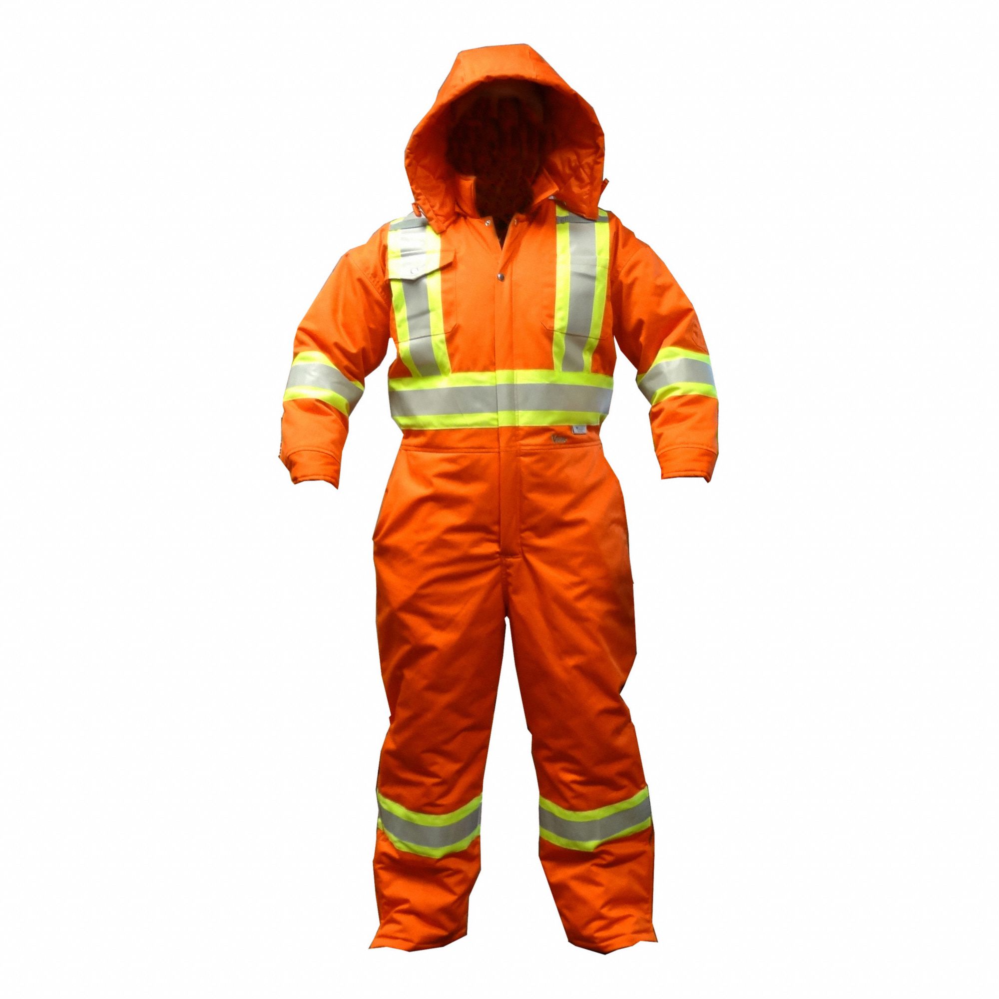 MEN'S REFLECTIVE COVERALLS W/ SAFETY HOOD, 7 POCKETS, ORANGE, 6.4 OZ, SIZE M, POLY/COTTON