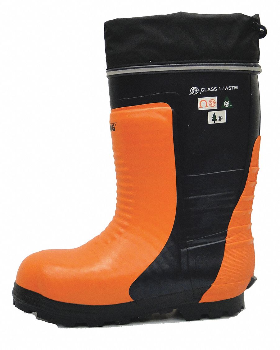 MEN'S BOOTS, SIZE 14, RUBBER/FOAM/STEEL, BLACK/ORANGE, 15 IN HEIGHT, CSA/ASTM, 18KV