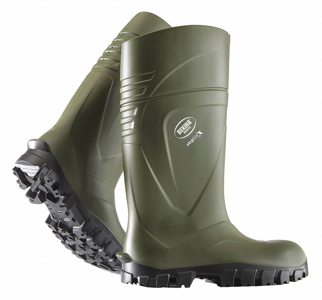 MEN'S BOOTS, SZ 5, PUR, GRN, NON-CSA, WATERPROOF, 15 IN H, BACTERIA-RESISTANT