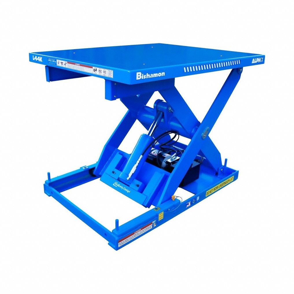 BISHAMON Lift Table: Electric, 4,400 lb Load Capacity, 39 1/2 in Max Lifting Ht, 52 in Platform Lg (MPN L44K-4052-115-H). Key specifications — attr925632: BISHAMON; attr925651: 115V AC; attr925643: Hydraulic.