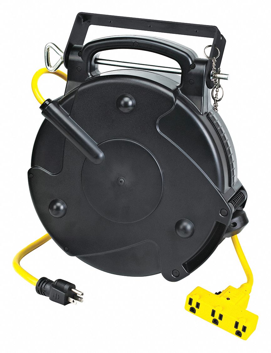 Retractable Electric Cord Reel with three outlets and one touch