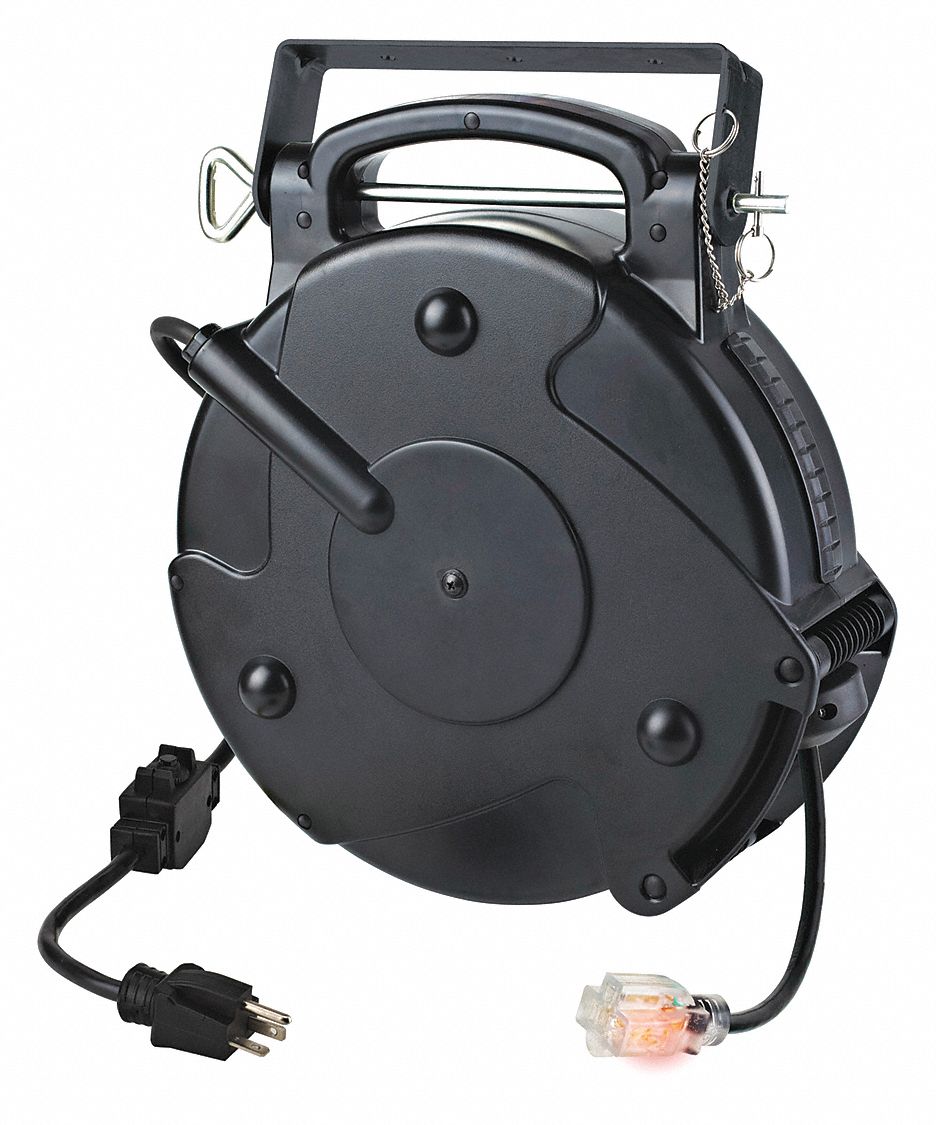 RETRACTABLE CORD REEL, CETL, 125 V/20 A, 1-OUTLET, BLACK, 45 FT L,  THERMOPLASTIC