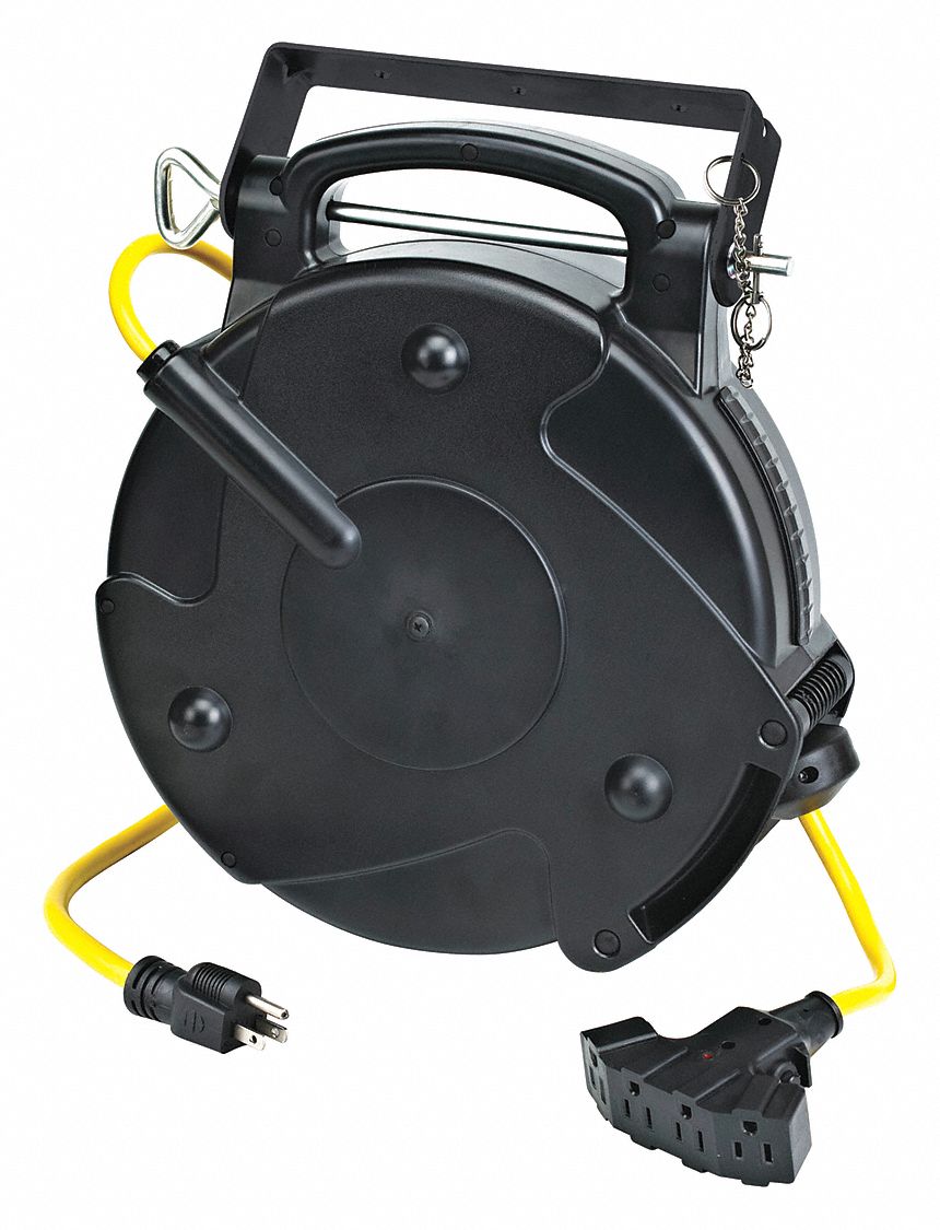 RETRACTABLE CORD REEL, CETL, 125 V/20 A, 4-OUTLET, BLK/YLW, 65 FT L, THERMOPLASTIC