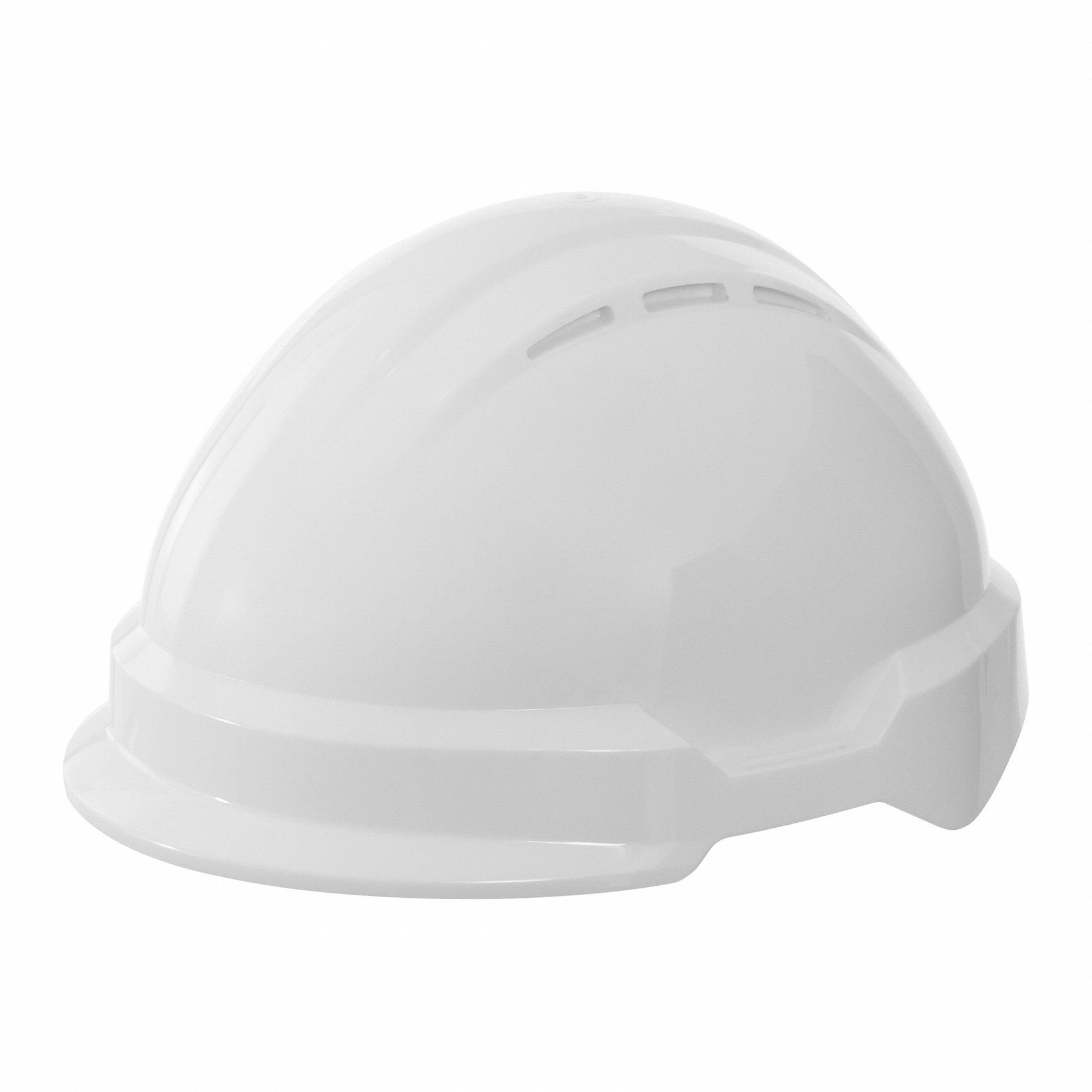 Hard Hat: White, No Graphics, Ratchet (4-Point), Ratchet, Polyethylene, Side-Slots, Solid
