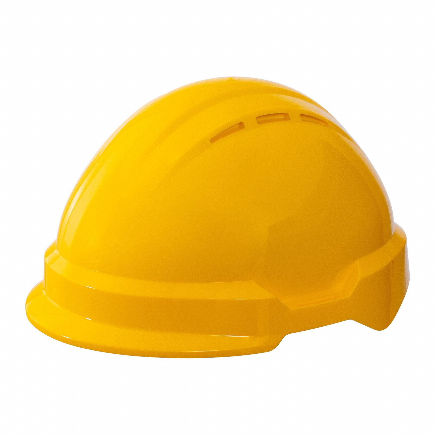 Hard Hat: Yellow, No Graphics, Ratchet (4-Point), Ratchet, Polyethylene, Side-Slots, Solid