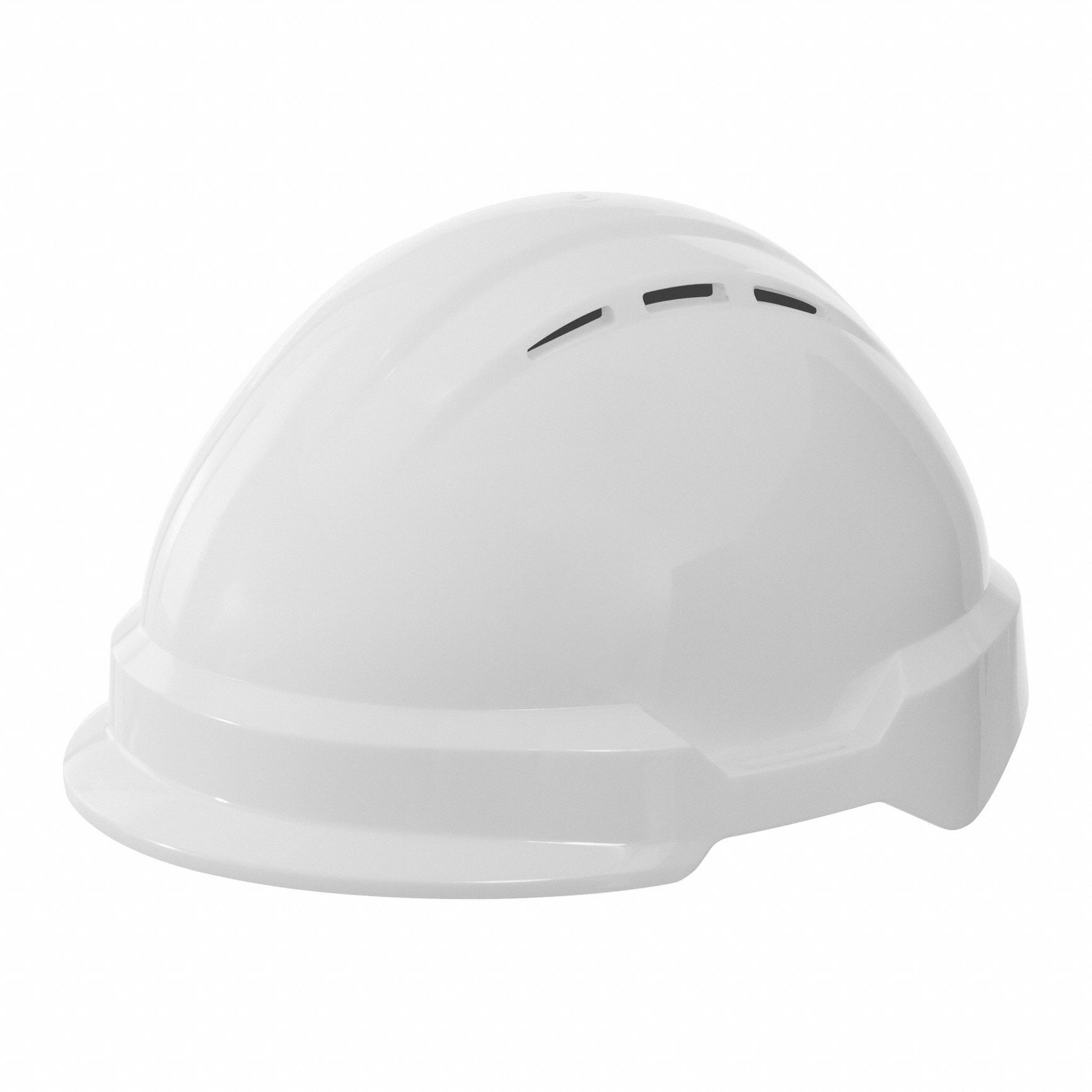 Hard Hat: White, No Graphics, Ratchet (4-Point), Ratchet, Polyethylene, Side-Slots, Solid