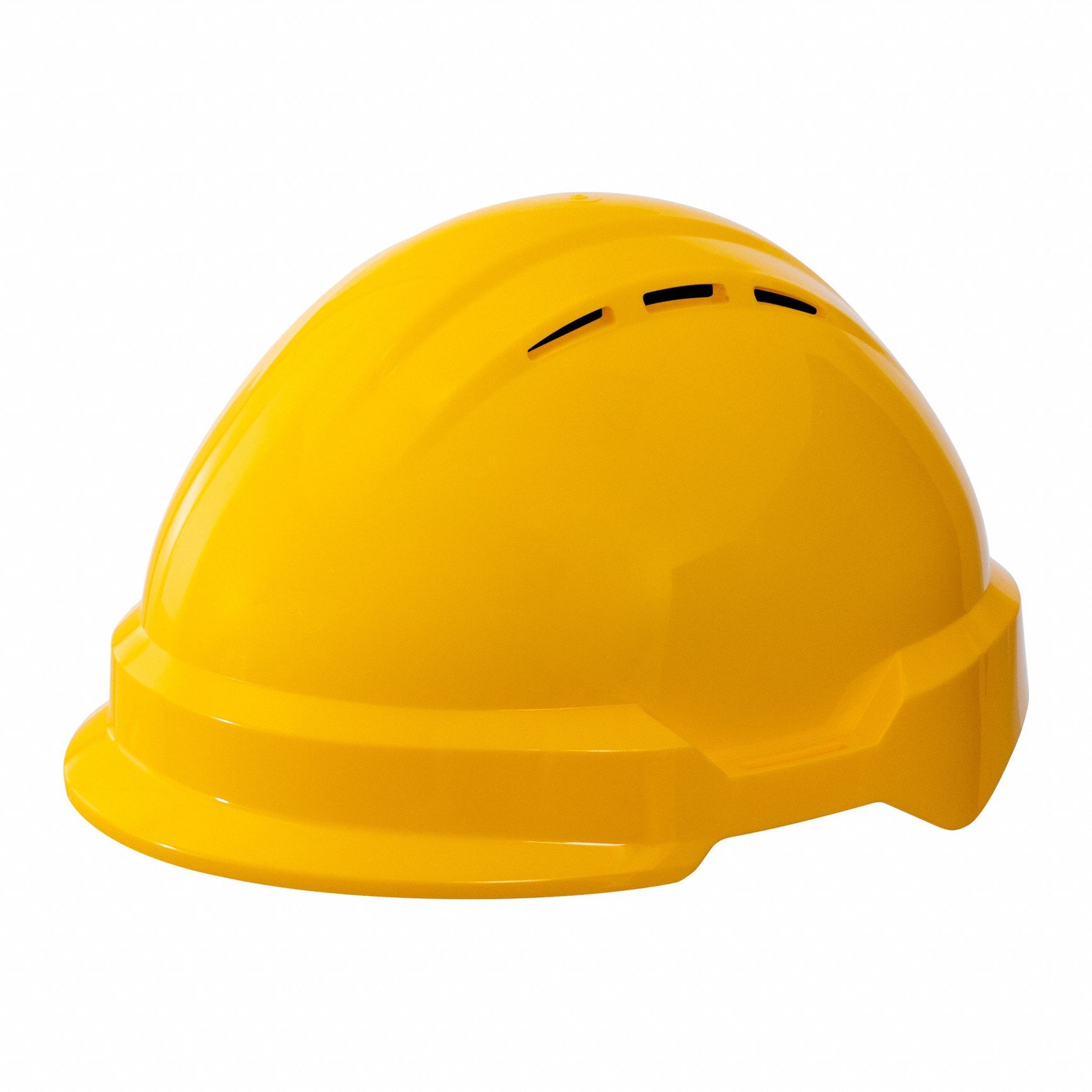 Hard Hat: Yellow, No Graphics, Ratchet (4-Point), Ratchet, Polyethylene, Side-Slots, Solid