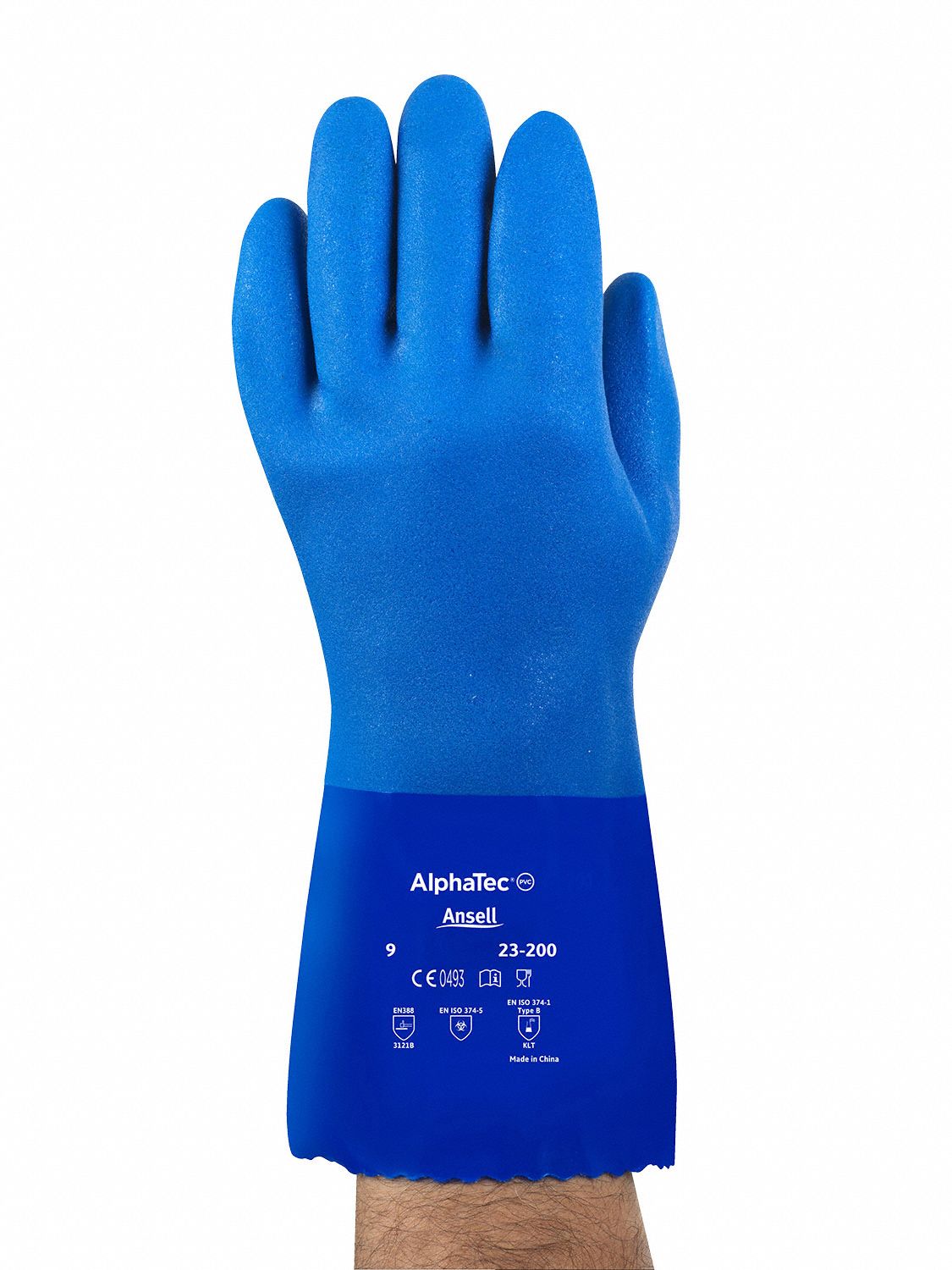 CHEMICAL-RESISTANT GLOVES, KNITTED LINER, SANDBLAST GRIP, SZ S/7, 12 IN L/4 MM THK, BL, PVC/COTTON