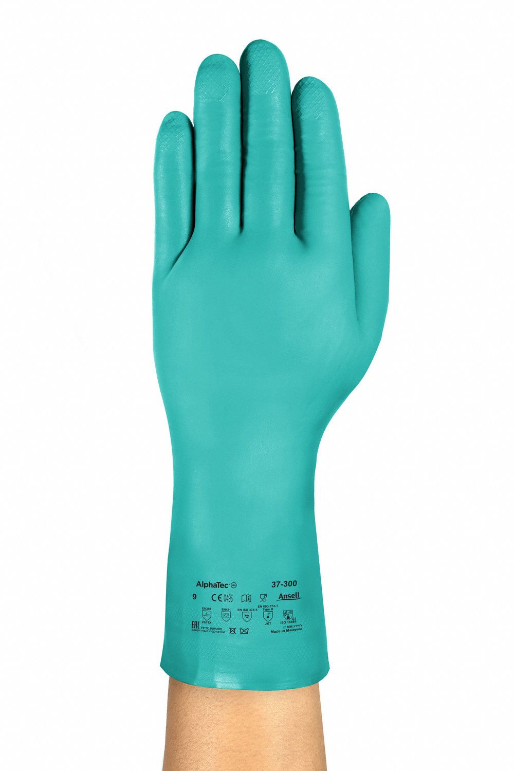 ALPHATEC 37-300 GLOVES, GRN, 7, NITRILE, 7.9 MIL, GAUNTLET CUFF, EN 421:2010