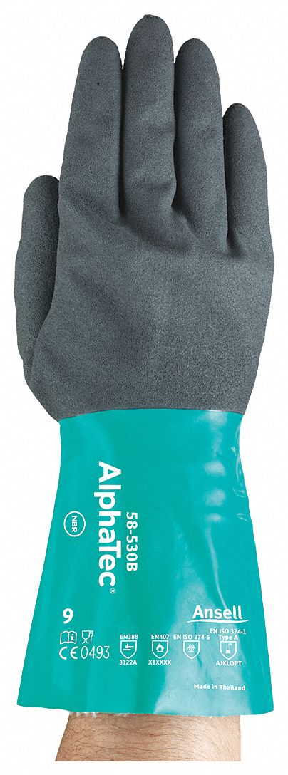 CHEMICAL PROTECTION GLOVES, GAUNTLET CUFF, SZ L/9, 12 IN L/13 MIL THICK, GRN/GREY/BLK, NITRILE