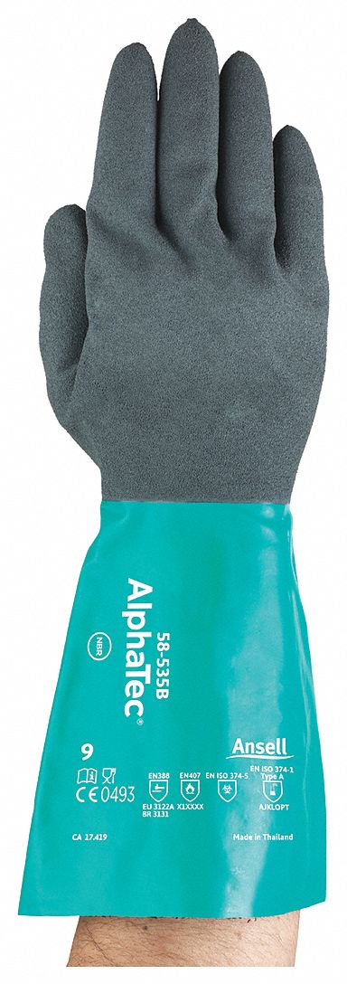 CHEMICAL PROTECTION GLOVES, GAUNTLET CUFF, SZ M/8, 14 IN L/13 MIL THK, GRN/GREY, NITRILE