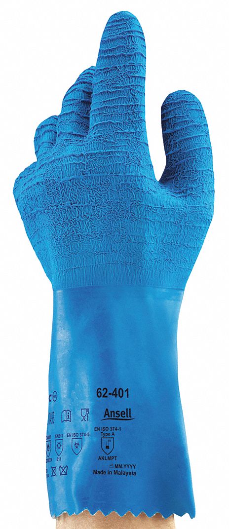 MECHANICAL PROTECTION GLOVES, WRINKLE FINISH, SZ S/7, 13 IN L/1.35 MM THK, BLUE, LATEX/COTTON