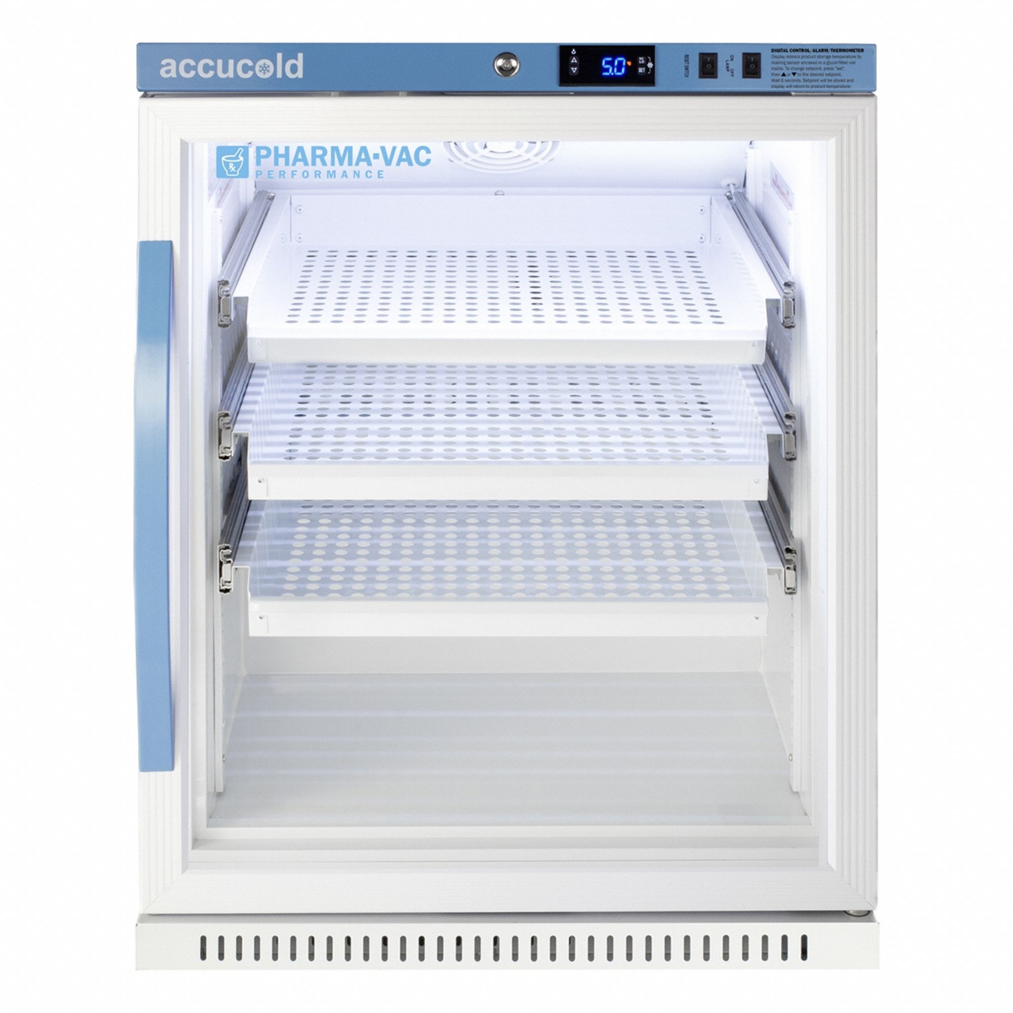 ACCUCOLD Vaccine Refrigerator: 6 cu ft, Upright, 2°C to 8°C, 24 3/8 in Overall Dp, Swing, 1 Doors (MPN ARG6PVDR). Key specifications — Door Opening Style: Right; Color: White; Alarm Type: Door Ajar; Manufacturer Part Number: ARG6PVDR; Brand: ACCUCOLD; Product Type: Vaccine Refrigerator; Door Type: Swing; Refrigerant Type: R-600a.