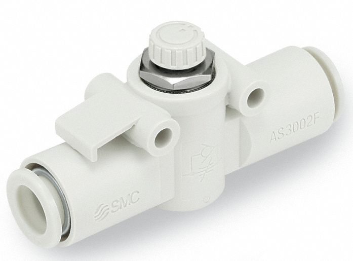 SPEED CONTROL VALVE, IN-LINE FITTING, HEX SCREW, 3/8 IN VALVE BODY SIZE, METER IN, BRASS/PBT