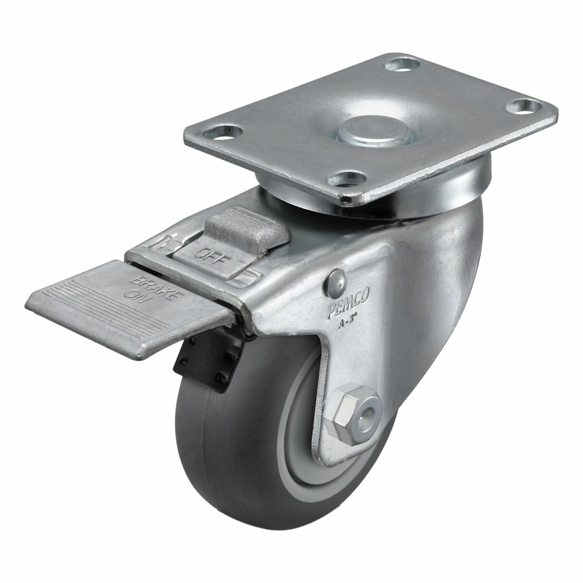 Plate Caster: Swivel, Total Lock, Rubber, 3 in Wheel Dia, 1 1/4 in Wheel Wd, Slot, Rectangle