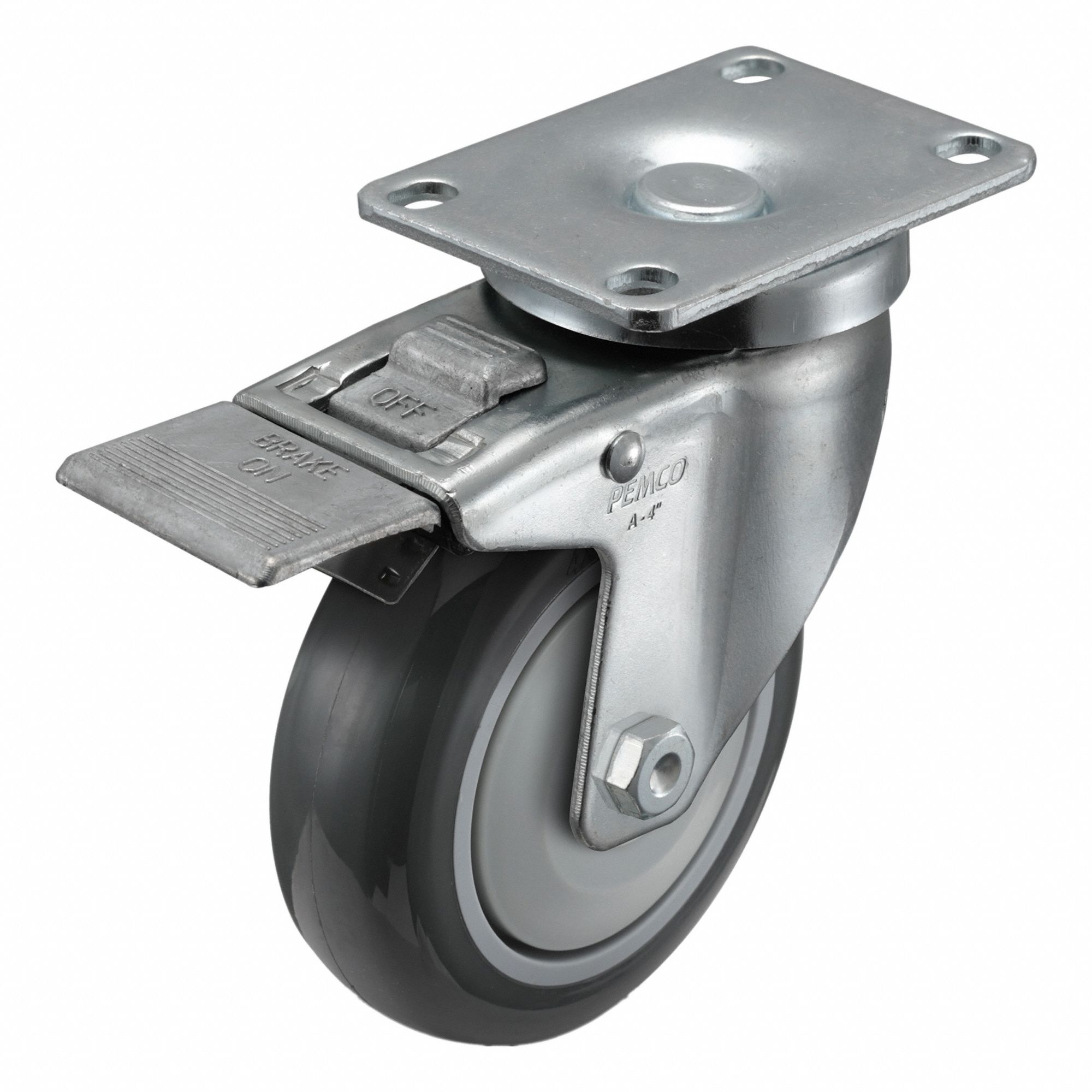 Plate Caster: Swivel, Total Lock, Polyurethane, 4 in Wheel Dia, 1 1/4 in Wheel Wd, Slot, Ball