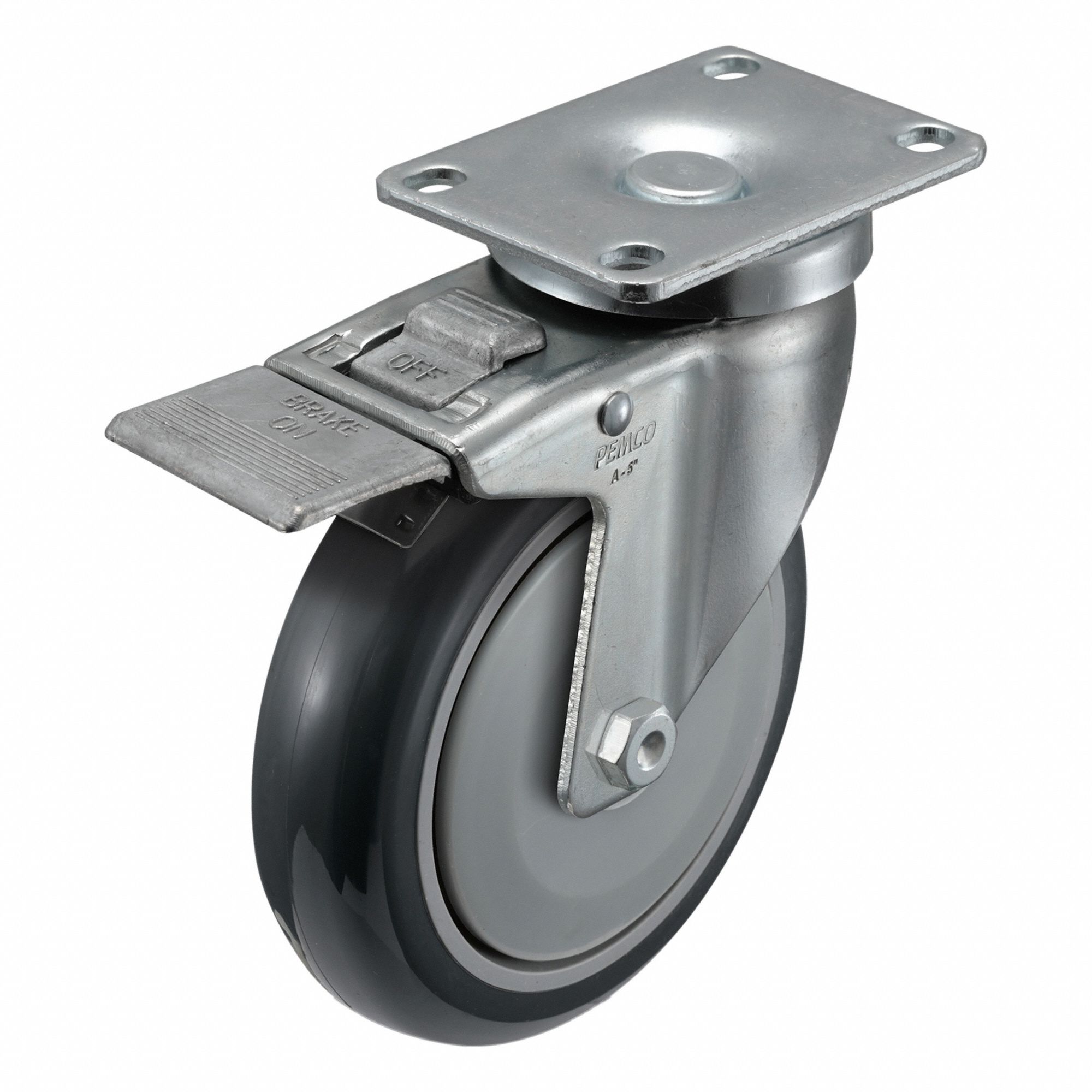 Plate Caster: Swivel, Total Lock, Polyurethane, 5 in Wheel Dia, 1 1/4 in Wheel Wd, Slot, Ball