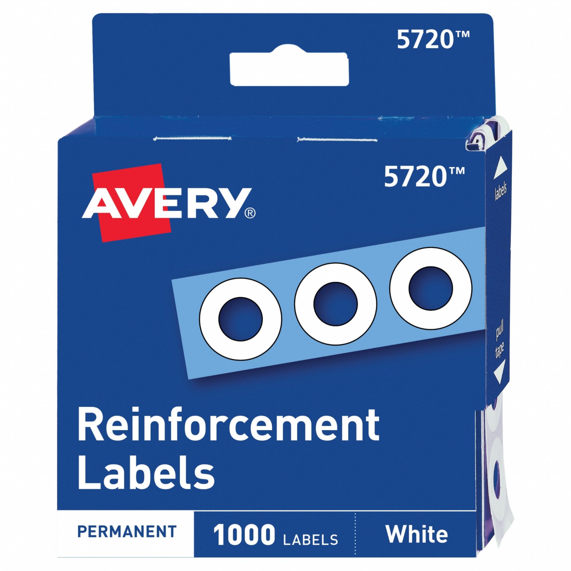 Hole Reinforcement Labels: 1/4 in Overall Wd, 1/4 in Overall Ht, Polyvinyl, White, 1, 000 PK