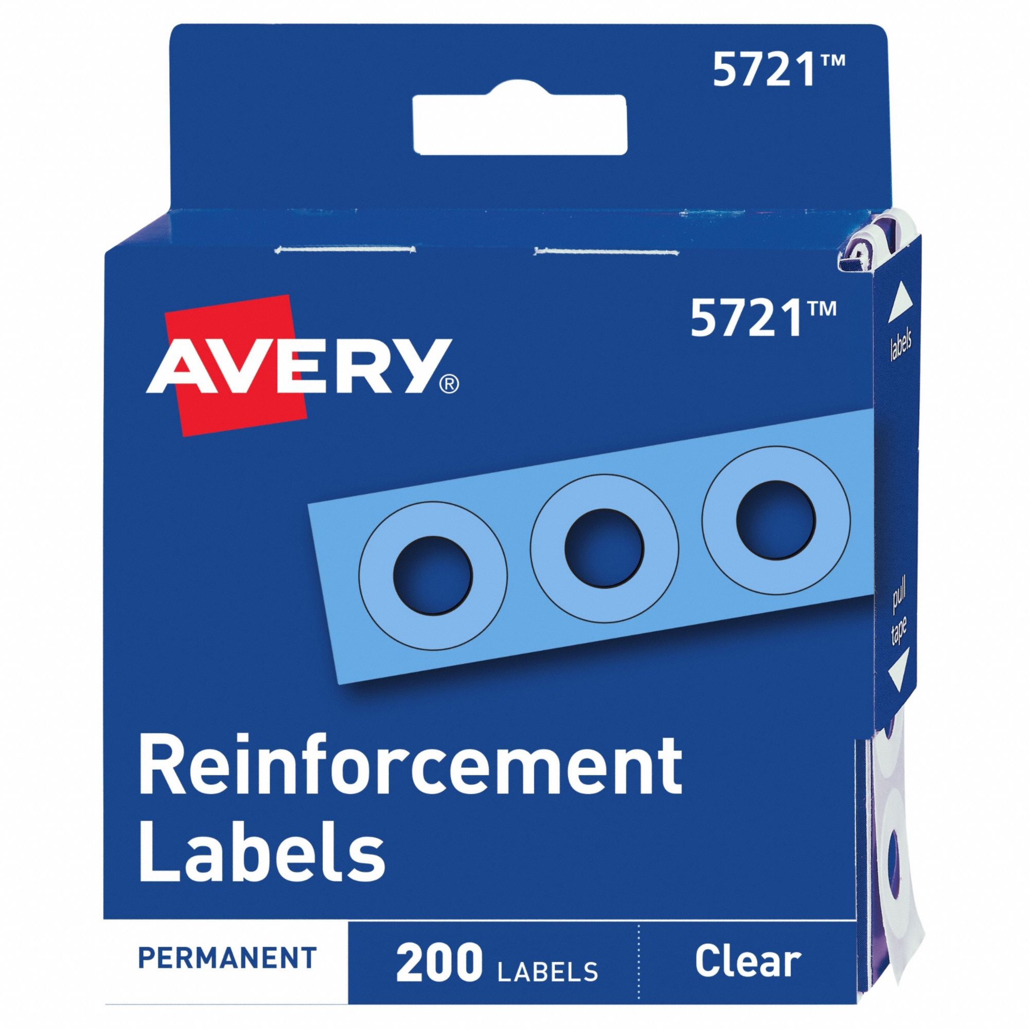 Hole Reinforcement Labels: 1/4 in Overall Wd, 1/4 in Overall Ht, Polyvinyl, Clear, 200 PK