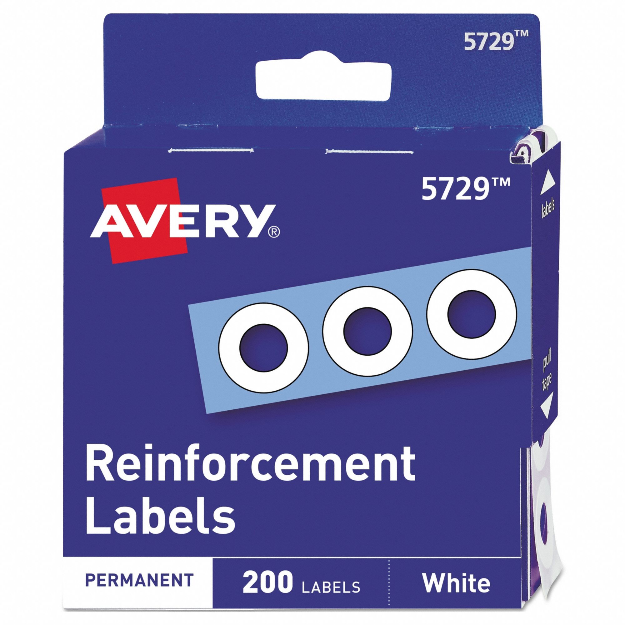 Hole Reinforcement Labels: 1/4 in Overall Wd, 1/4 in Overall Ht, Polyvinyl, White, 200 PK