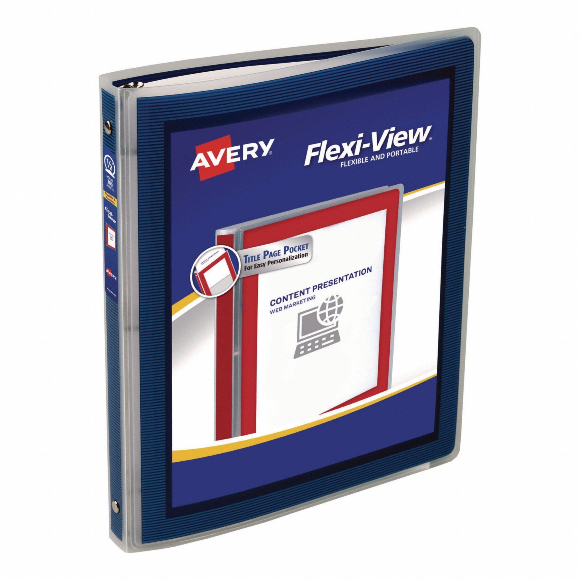 Ring Binder: 1/2 in Ring Size, Round, 100 Sheet Capacity, Clear Sleeve, Polypropylene, Navy Blue