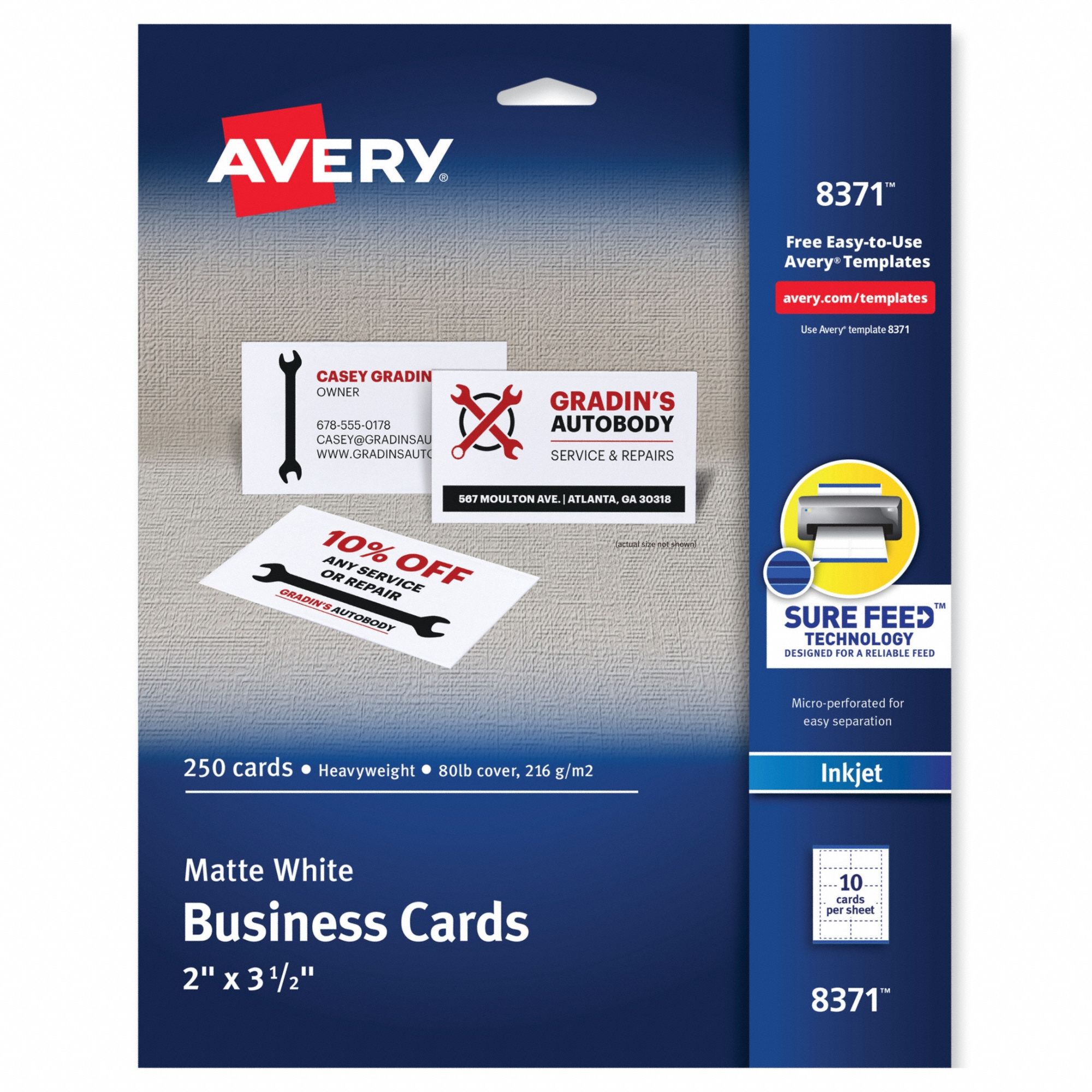 Printable Business Cards: White, Paper, 3 1/2 in Wd, 2 in Ht, 250 PK