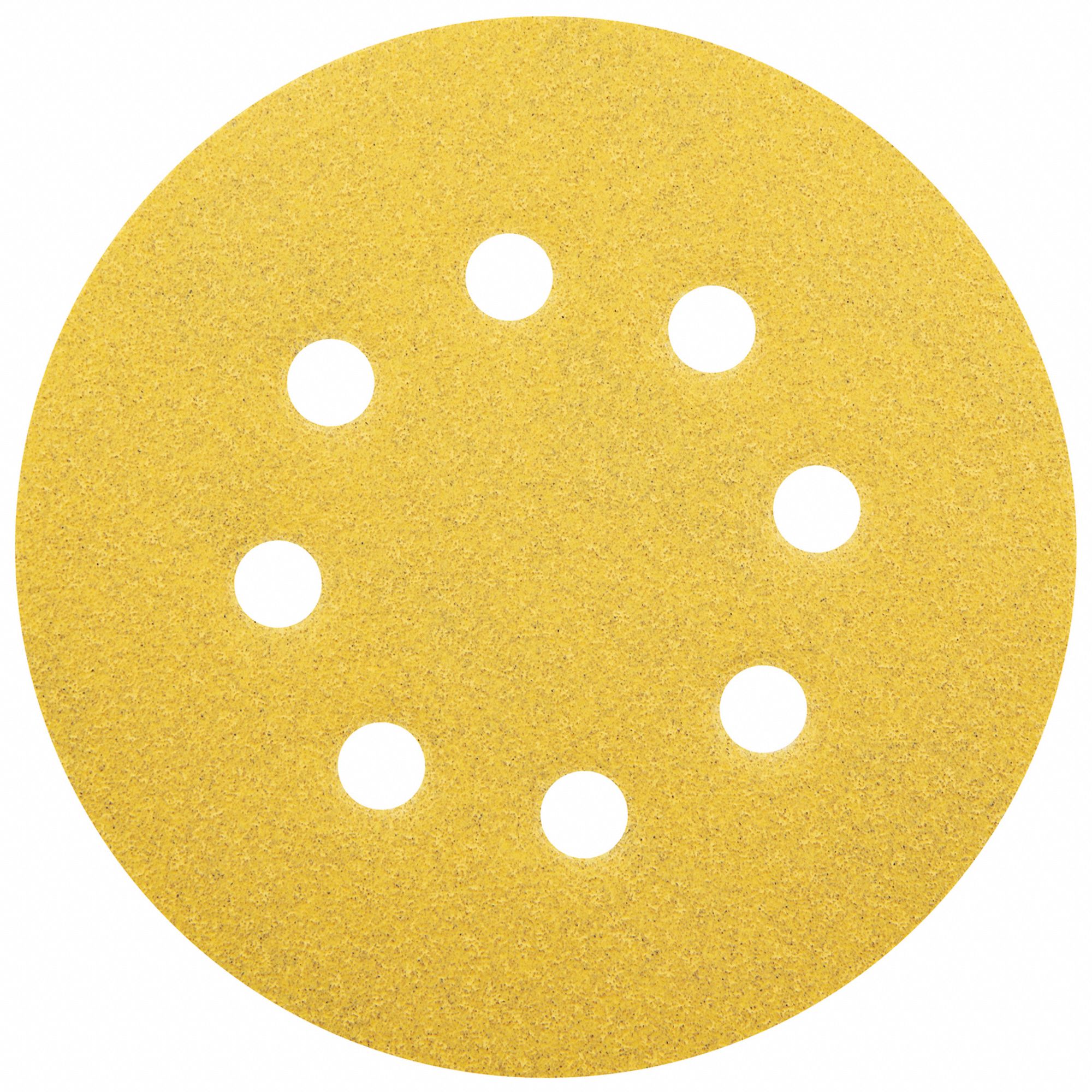 HOOK-AND-LOOP SANDING DISC, 5 IN DIAMETER, 6 HOLE, ALUMINUM OXIDE, P100 GRIT, C WEIGHT PAPER, A296