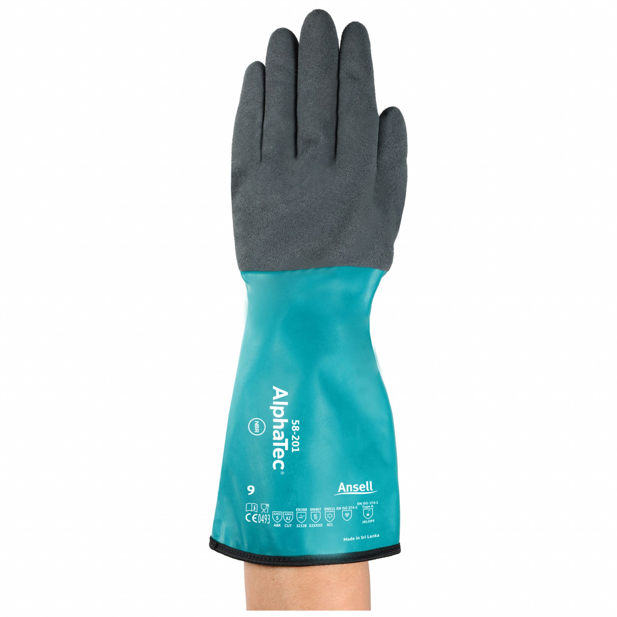 ALPHATEC 58-201 CHEMICAL-RESISTANT GLOVES, GRY/GRN, M/8, ANSI/ISEA ABRASION 5/CUT A2, 482 °  F MAX