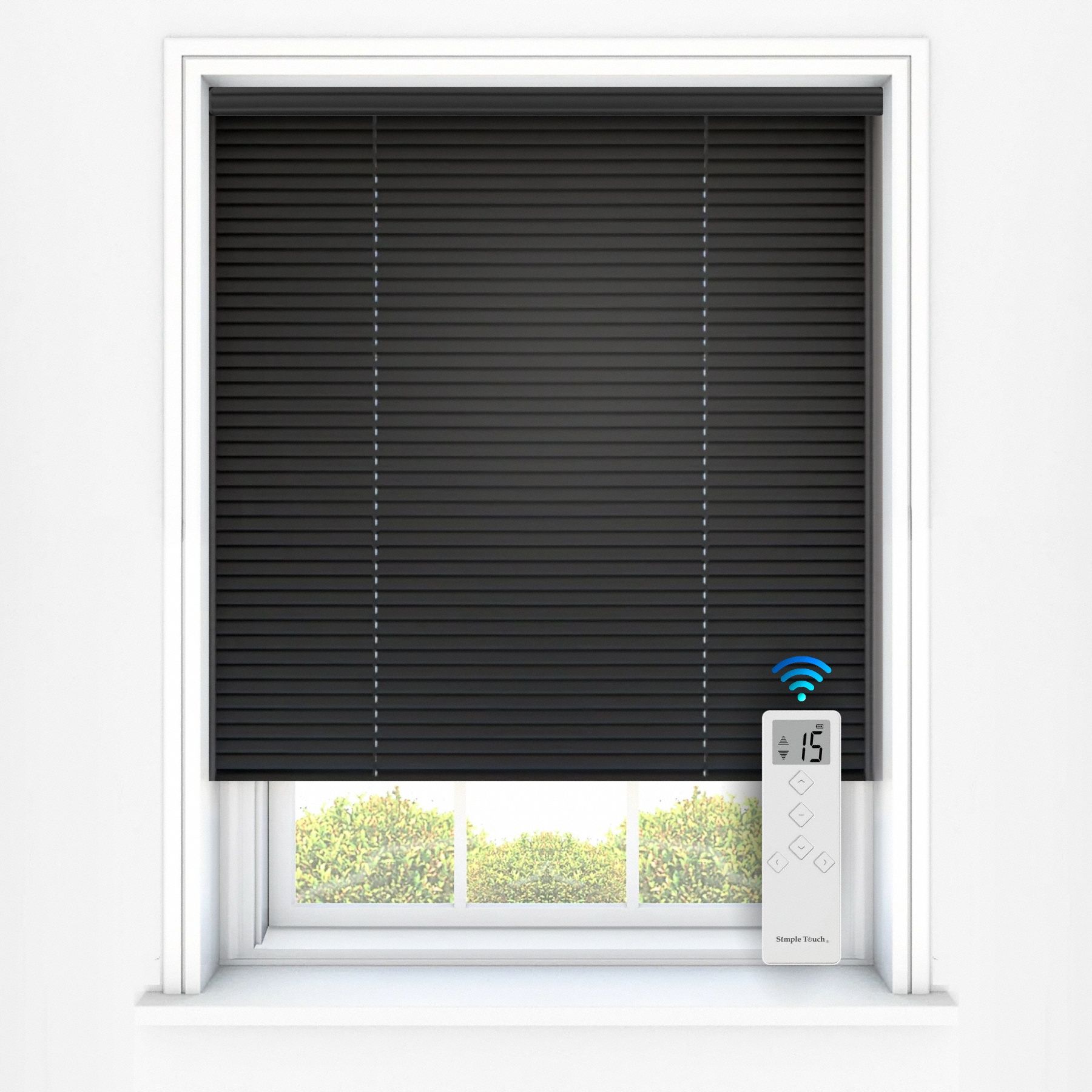 Motorized Remote Mini Blind: Black, 30 1/2 in Wd, 36 in Ht, 2 in Dp, Aluminum, PVC