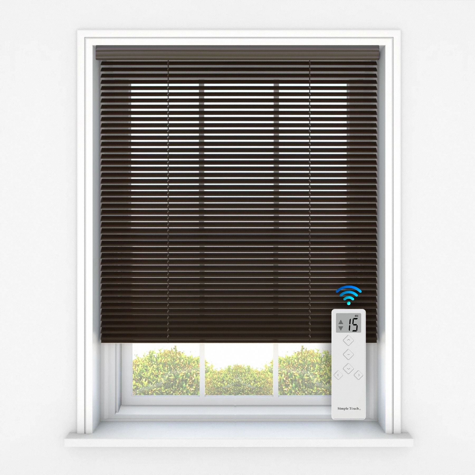 Motorized Remote Mini Blind: Brown, 30 1/2 in Wd, 36 in Ht, 2 in Dp, Aluminum, PVC