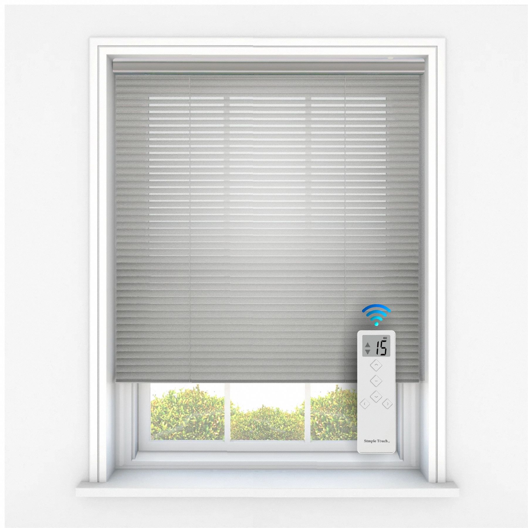 Motorized Remote Mini Blind: Silver, 30 1/2 in Wd, 36 in Ht, 2 in Dp, Aluminum, PVC